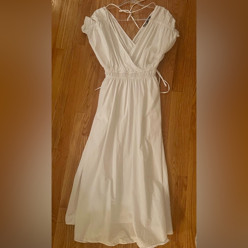 ZARA EUC V NECK WHITE 100% COTTON MIDI DRESS SIZE L